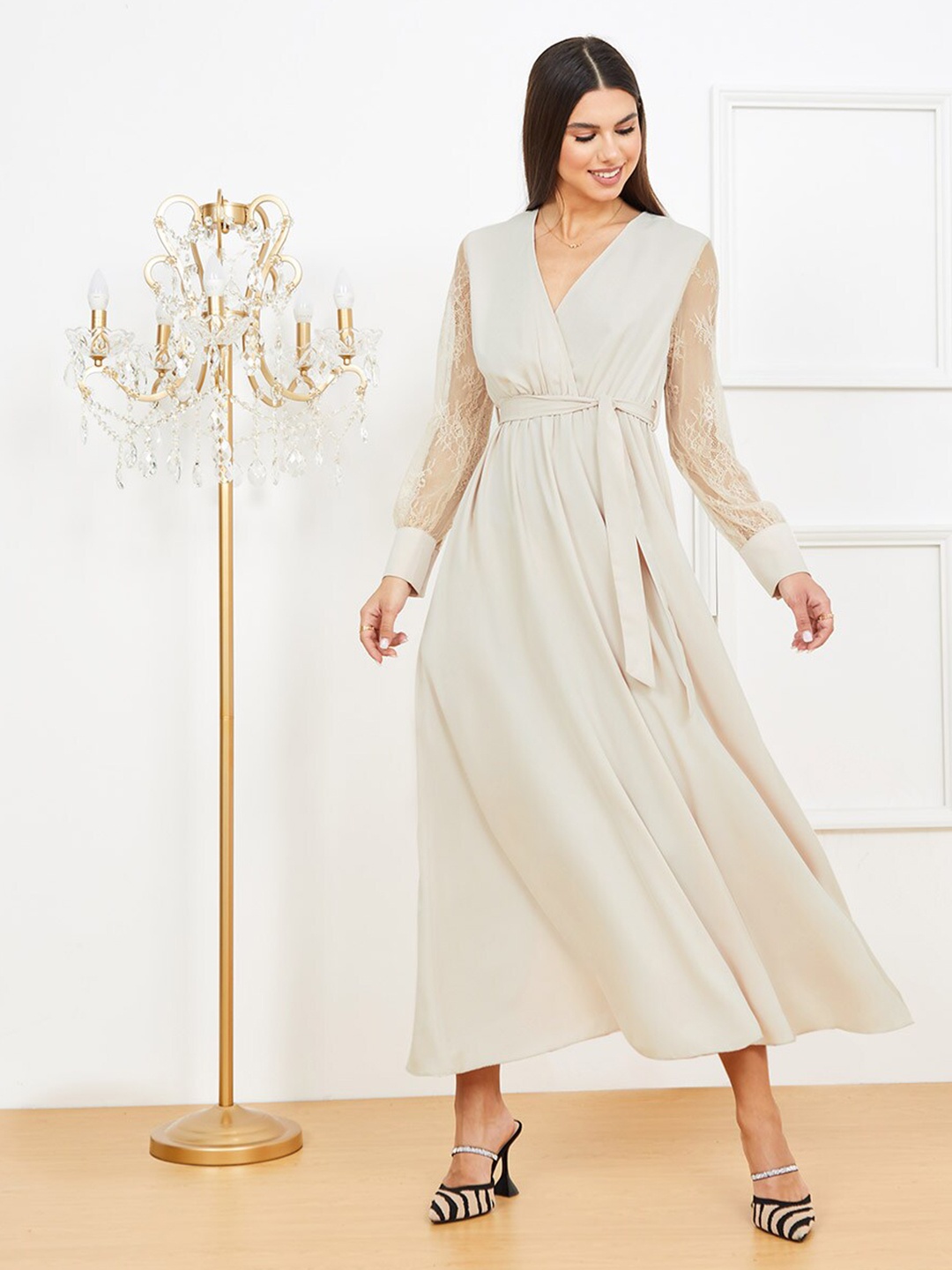 

Styli Women Beige Long Sleeves Lace Insert Wrap Front A-Line Maxi Dress