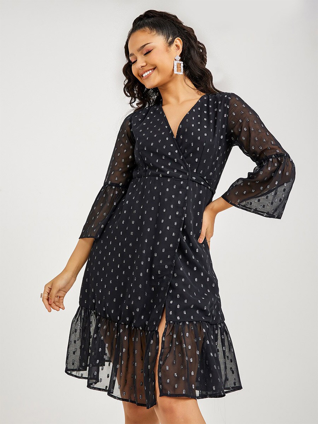 

Styli Women Black 3/4 Sleeves Lurex Dot Wrap Knee Length Dress