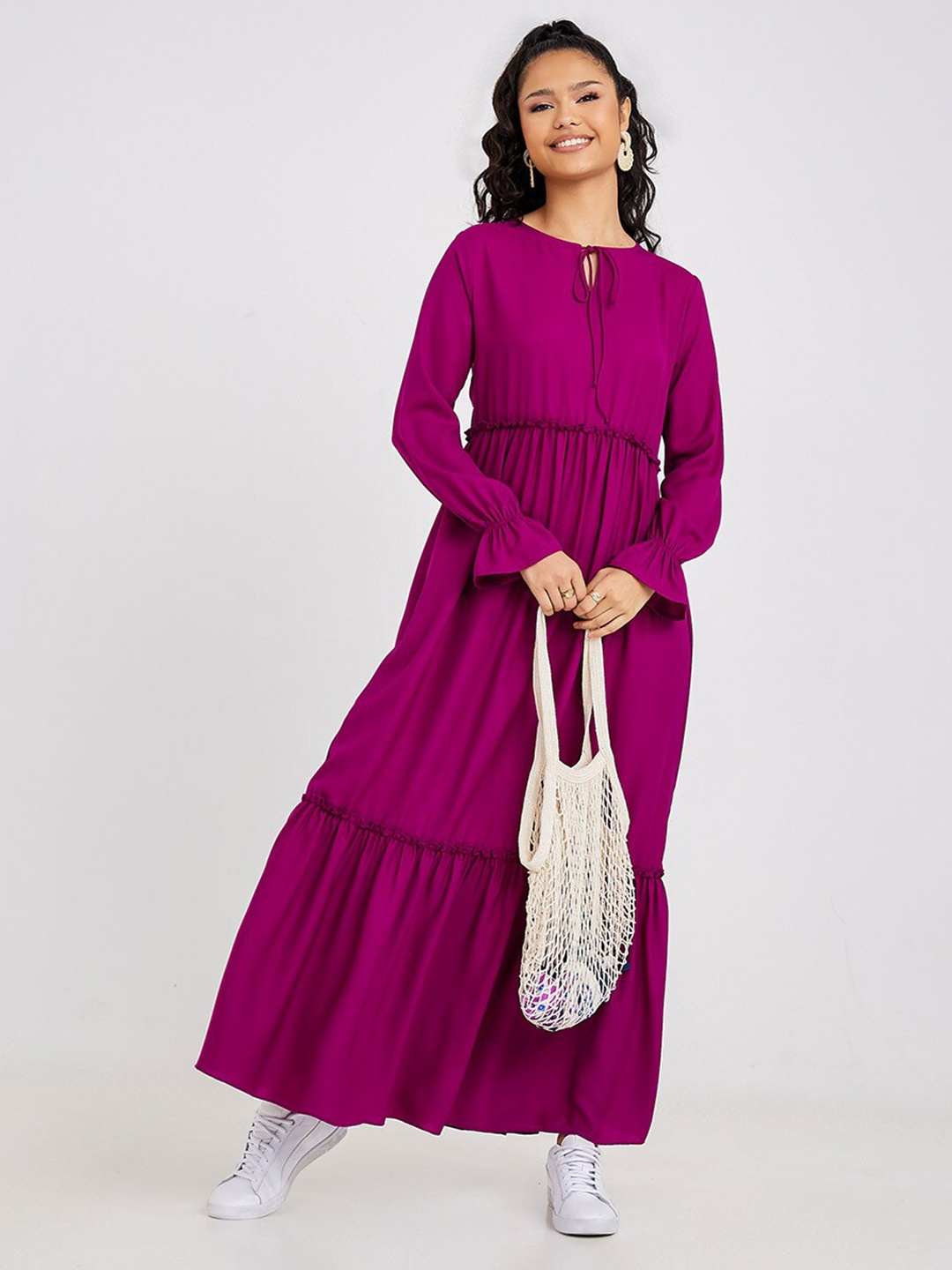 

Styli Women Purple Tie-Up Neck Flute Long Sleeves Tiered Maxi Dress