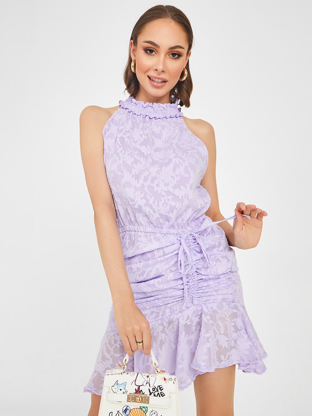 

Styli Women Lavender Sleeveless Floral Textured Ruched Detail A-Line Mini Dress