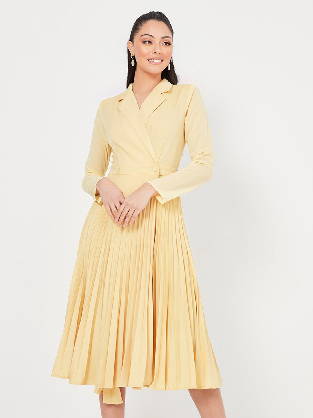 

Styli Women Yellow Notch Lapel Long Sleeves Pleated Blazer Midi Dress