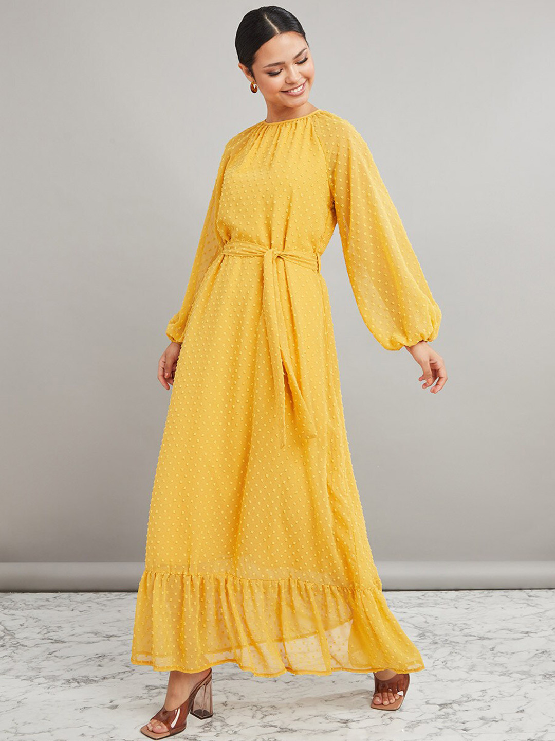 

Styli Women Yellow Long Volume Sleeves Dobby A-Line Maxi Dress with Tie Belt