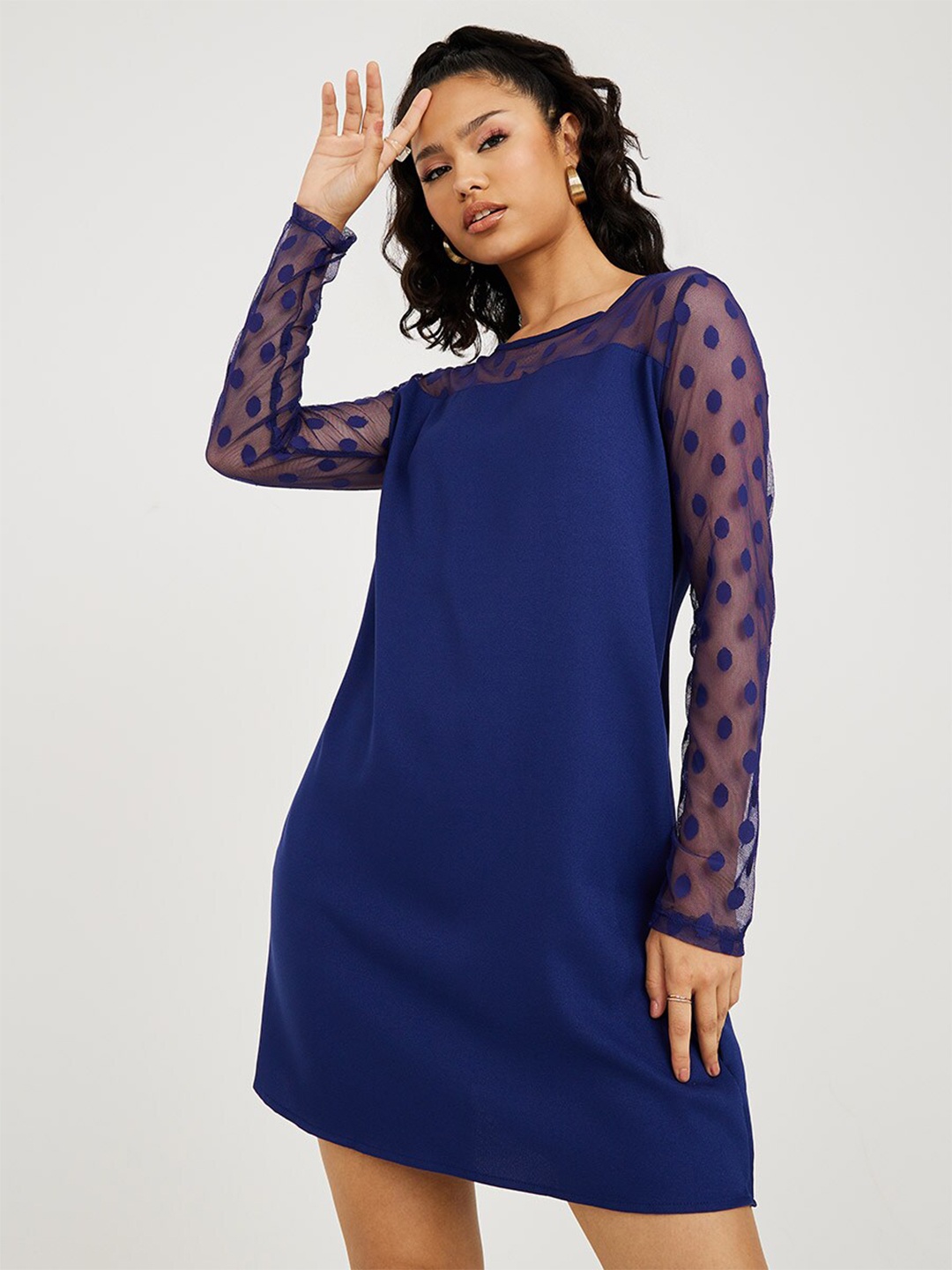 

Styli Navy Blue Long Sleeves Flocked Spot Mini Dress with Mesh Insert
