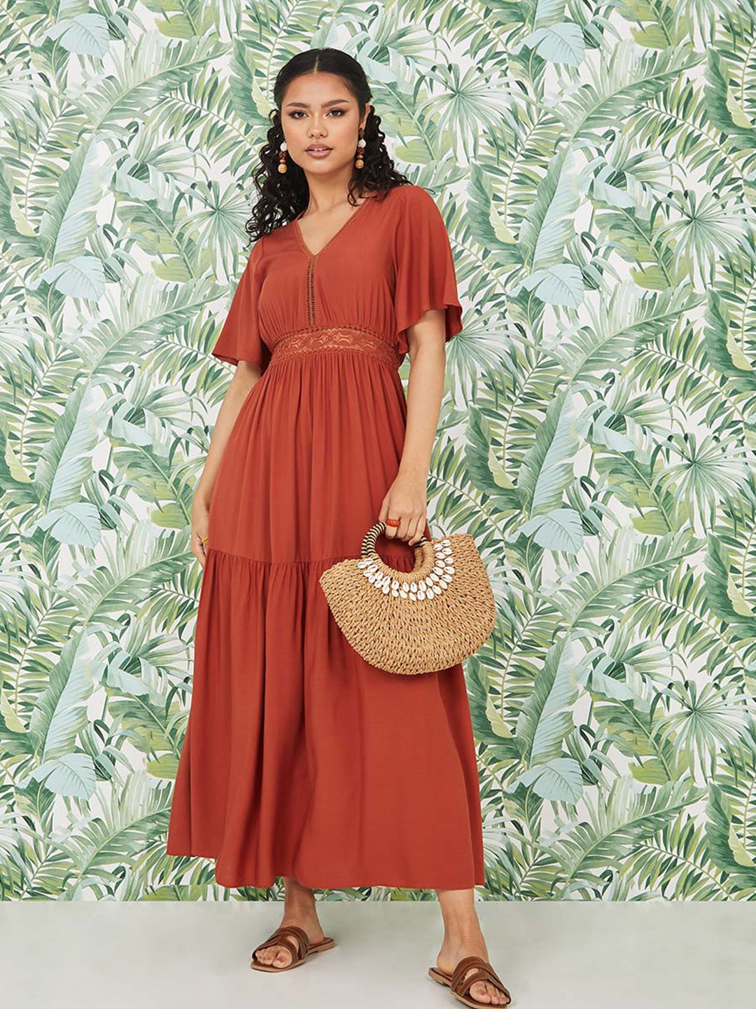 

Styli Rust Solid Short Sleeves Lace Insert A-Line Maxi Dress