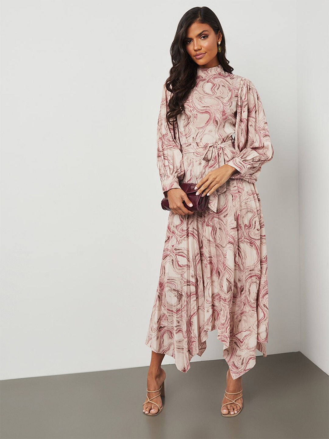 

Styli Cream High Neck Long Sleeves Marble Print A-Line Midi Dress