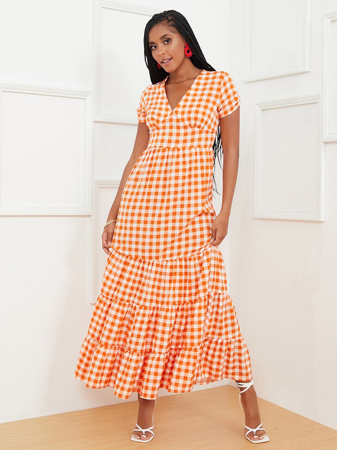 

Styli Women Peach-Coloured & White Short Sleeves Gingham Check Tiered Maxi Dress