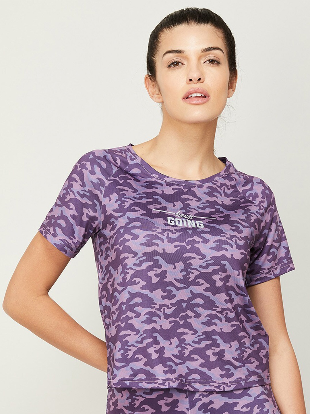 

Kappa Women Purple Camouflage Printed Pure Cotton T-shirt
