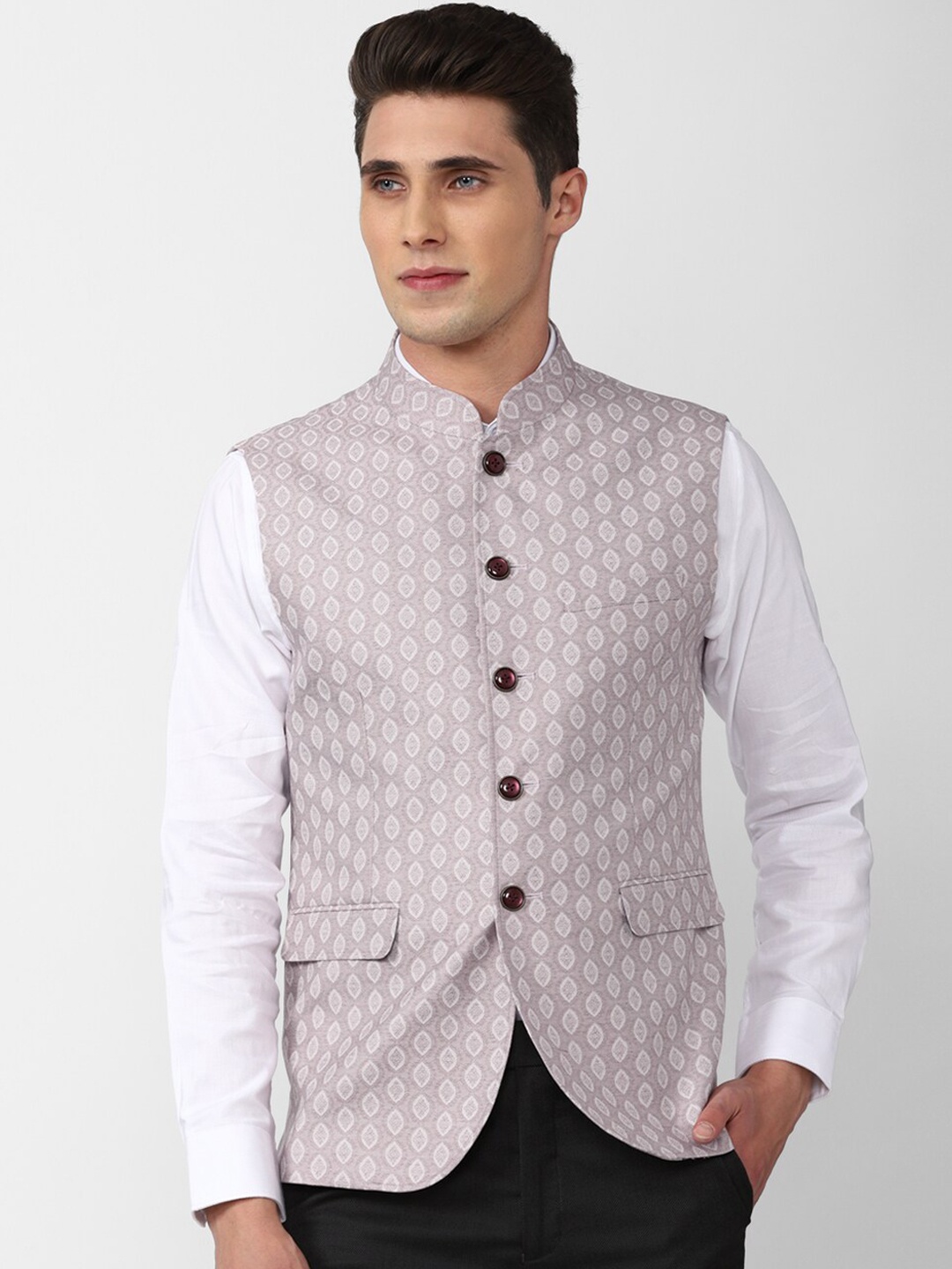 

Peter England Elite Men Purple Woven Design Nehru Jacket