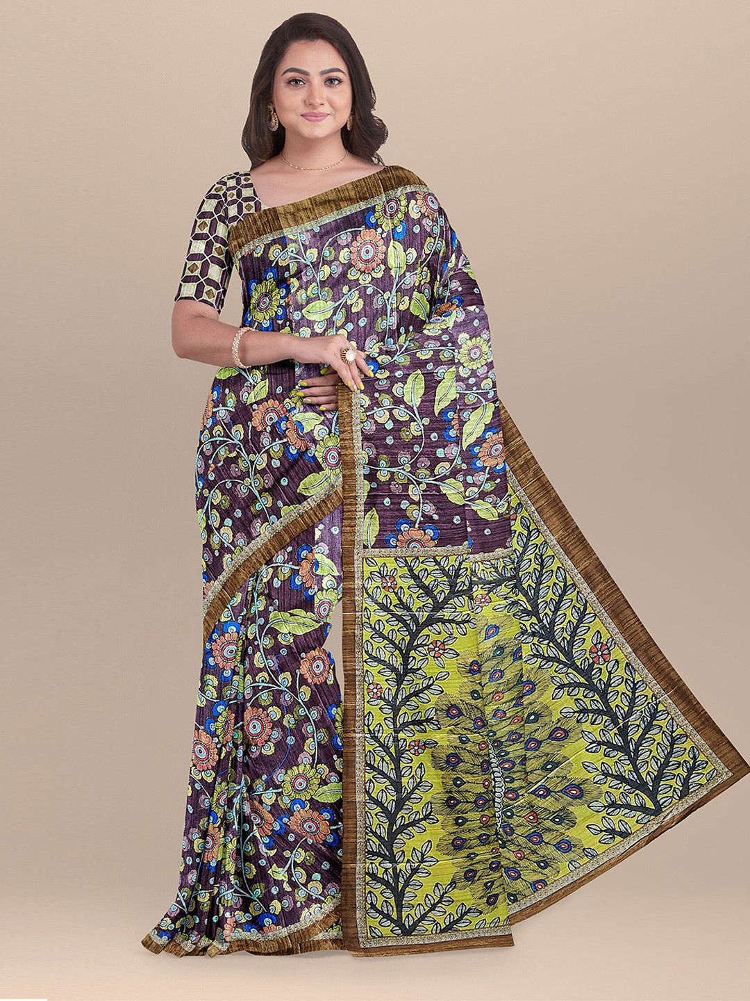 

The Chennai Silks Brown & Blue Kalamkari Pure Cotton Chanderi Saree