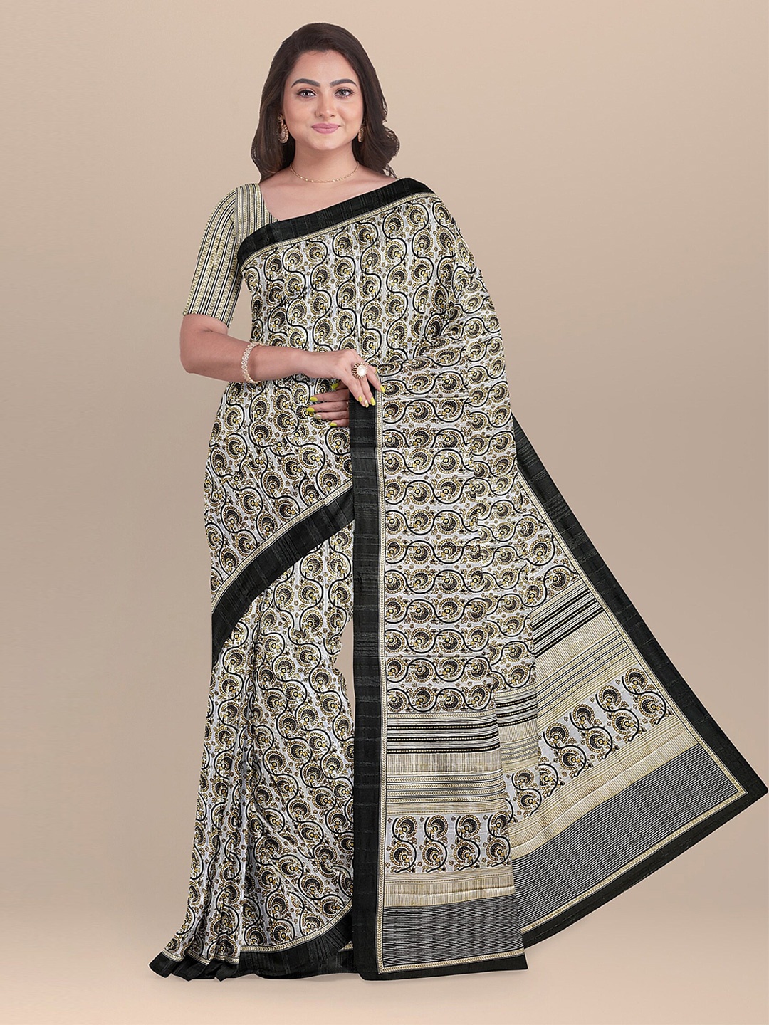 

The Chennai Silks Beige & Black Floral Pure Cotton Chanderi Saree