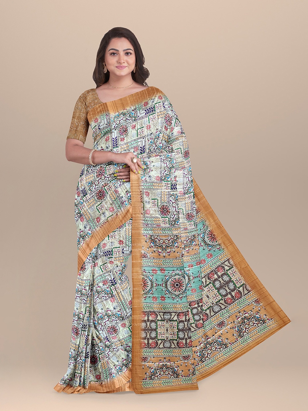 

The Chennai Silks Beige & Blue Pure Cotton Fusion Chanderi Saree