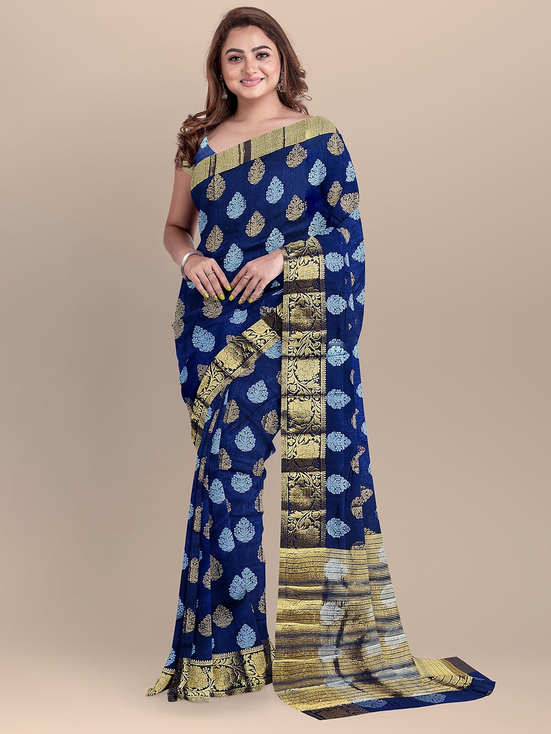 

The Chennai Silks Navy Blue & Gold-Toned Woven Design Zari Jute Cotton Saree