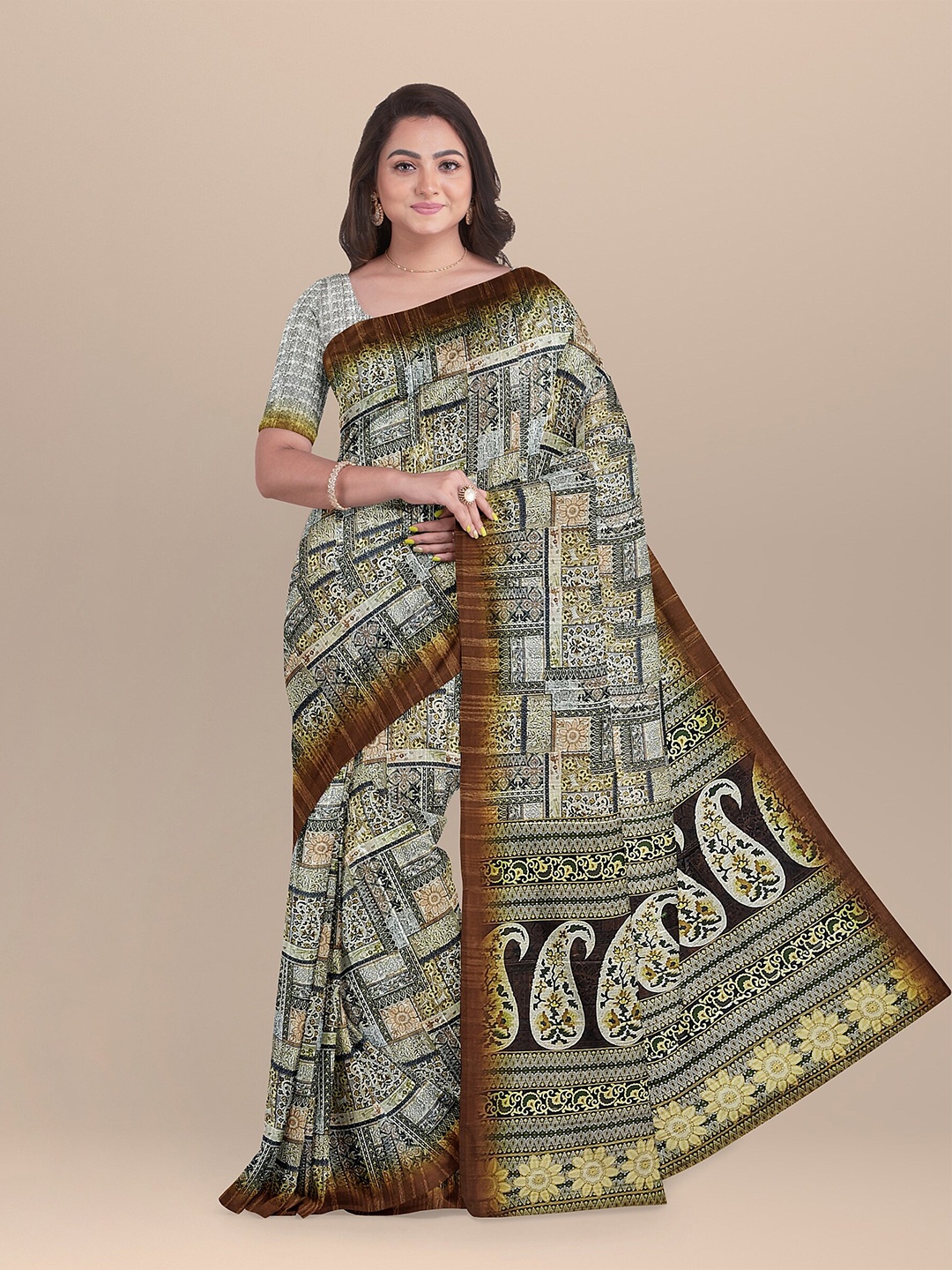 

The Chennai Silks Beige & White Paisley Pure Cotton Chanderi Saree