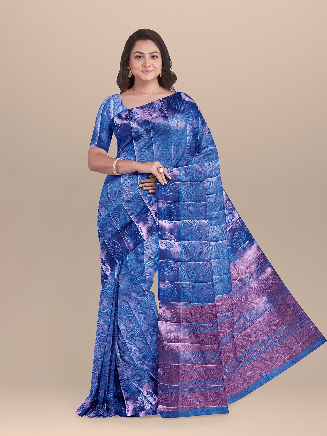 

The Chennai Silks Blue & Purple Ethnic Motifs Zari Jute Cotton Fusion Saree