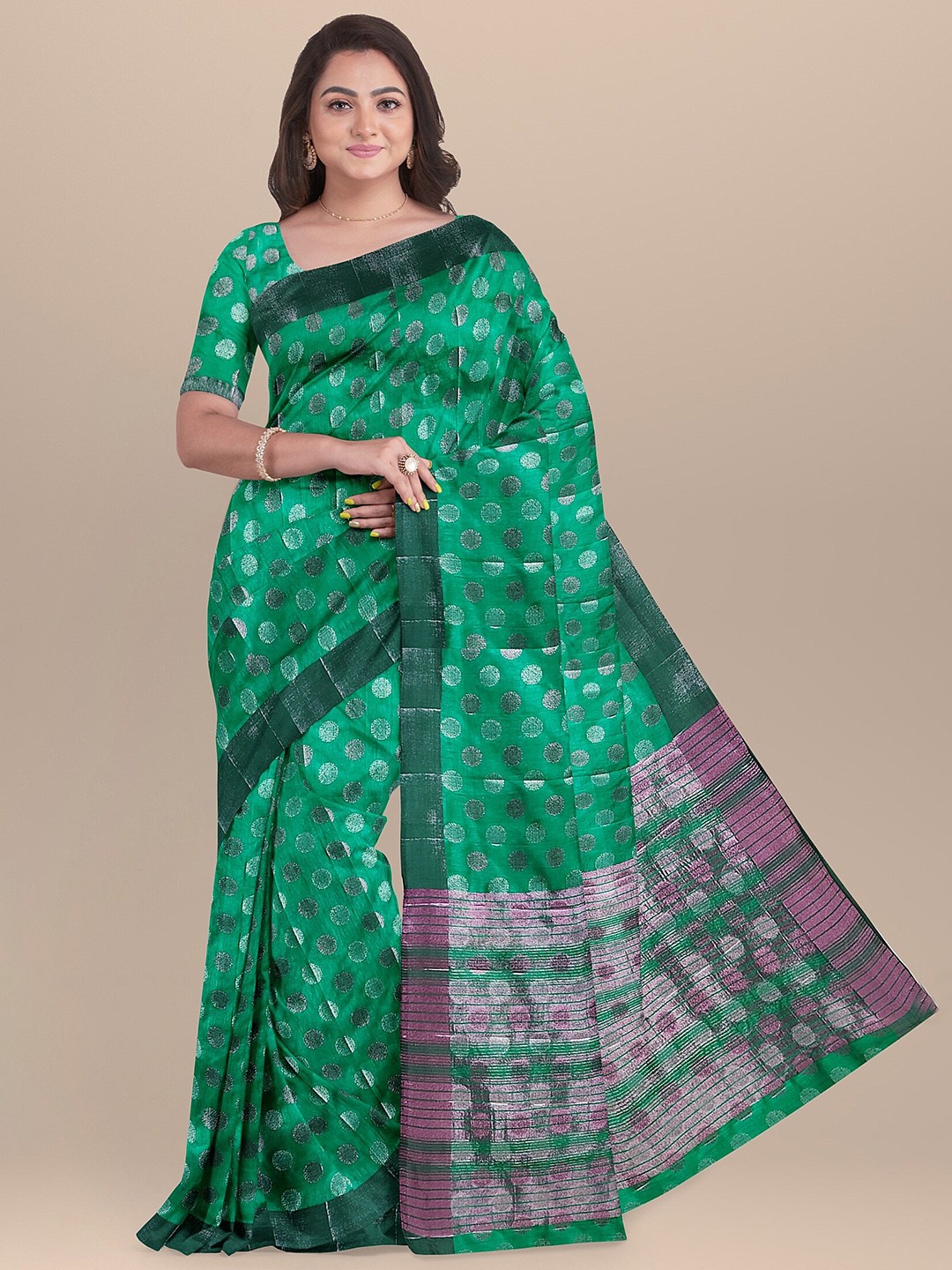 

The Chennai Silks Green & Purple Woven Design Zari Jute Cotton Saree