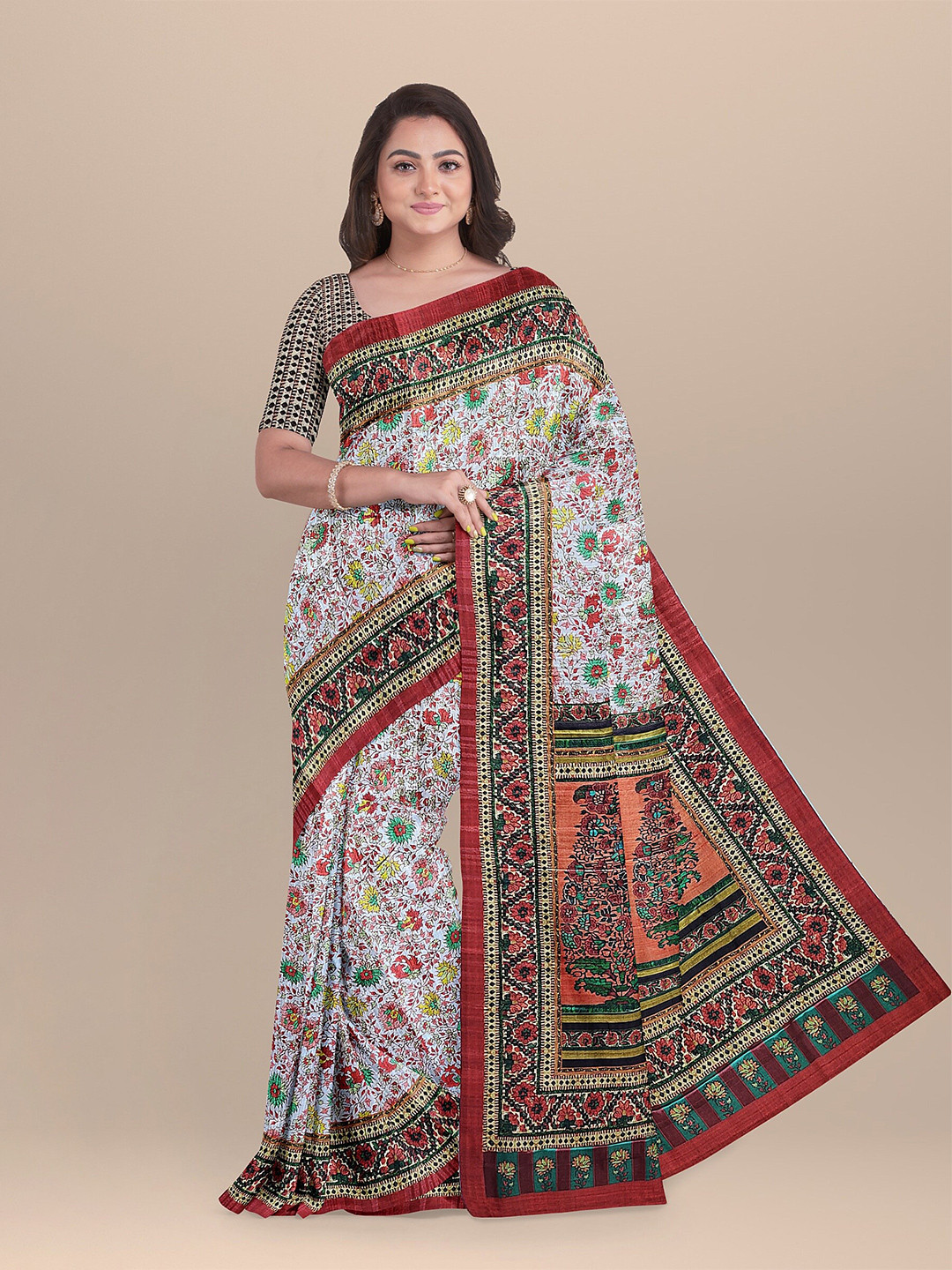

The Chennai Silks Beige & Green Floral Pure Cotton Chanderi Saree