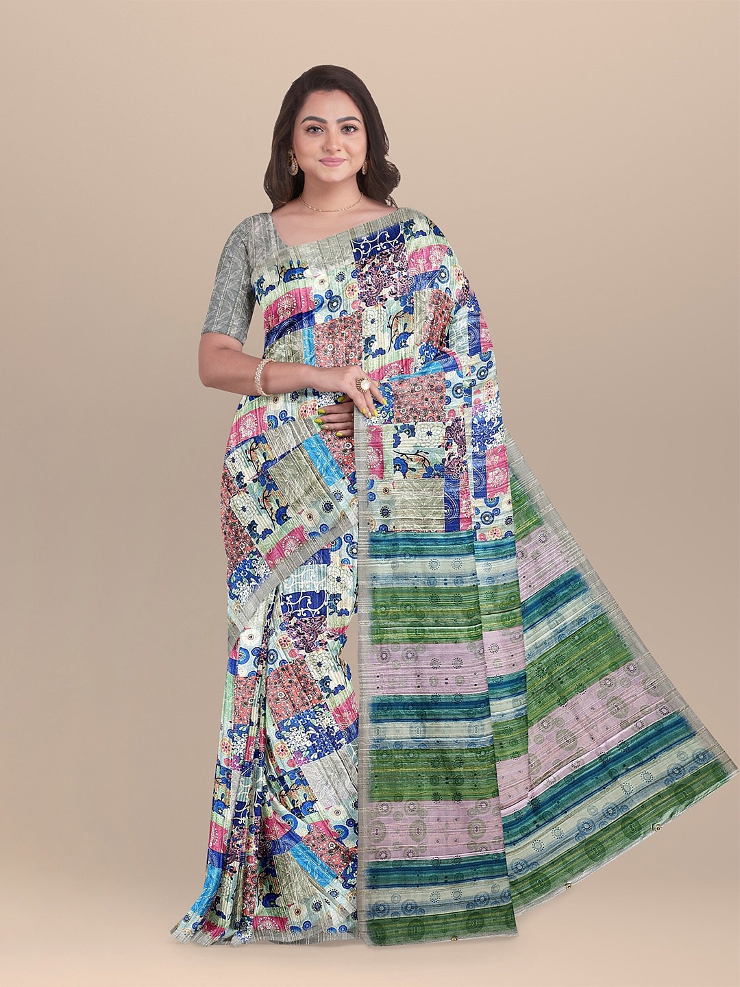 

The Chennai Silks White & Green Pure Cotton Fusion Chanderi Saree