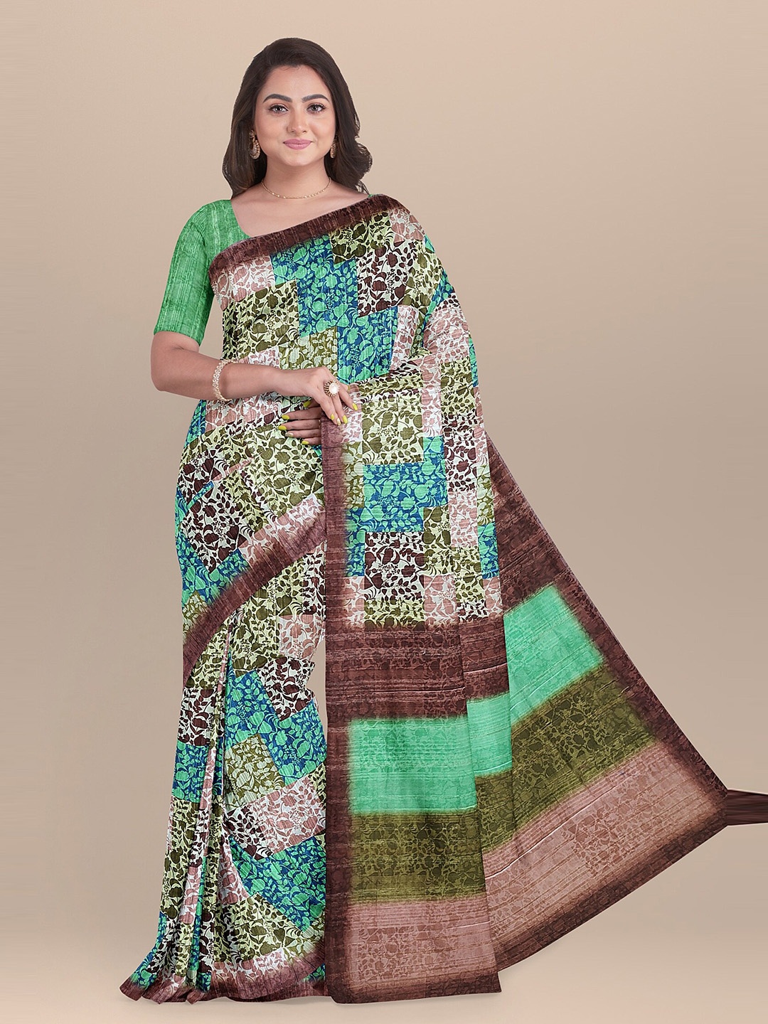 

The Chennai Silks Brown & Blue Floral Pure Cotton Chanderi Saree