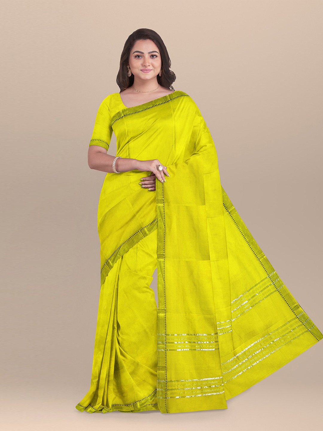 

The Chennai Silks Yellow & Silver-Toned Zari Pure Cotton Mangalagiri Saree