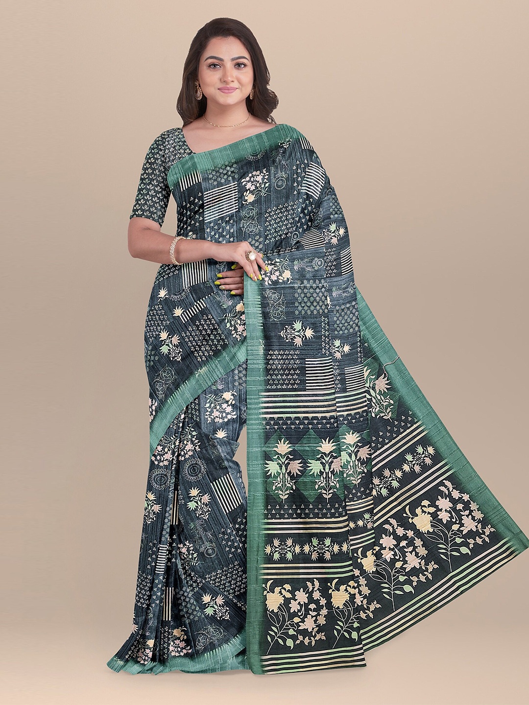 

The Chennai Silks Green & Off White Floral Pure Cotton Chanderi Saree