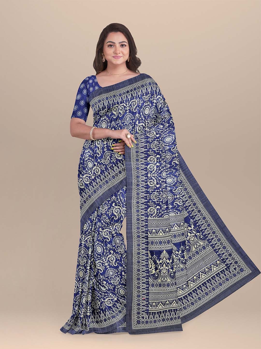 

The Chennai Silks Navy Blue & White Floral Pure Cotton Chanderi Saree