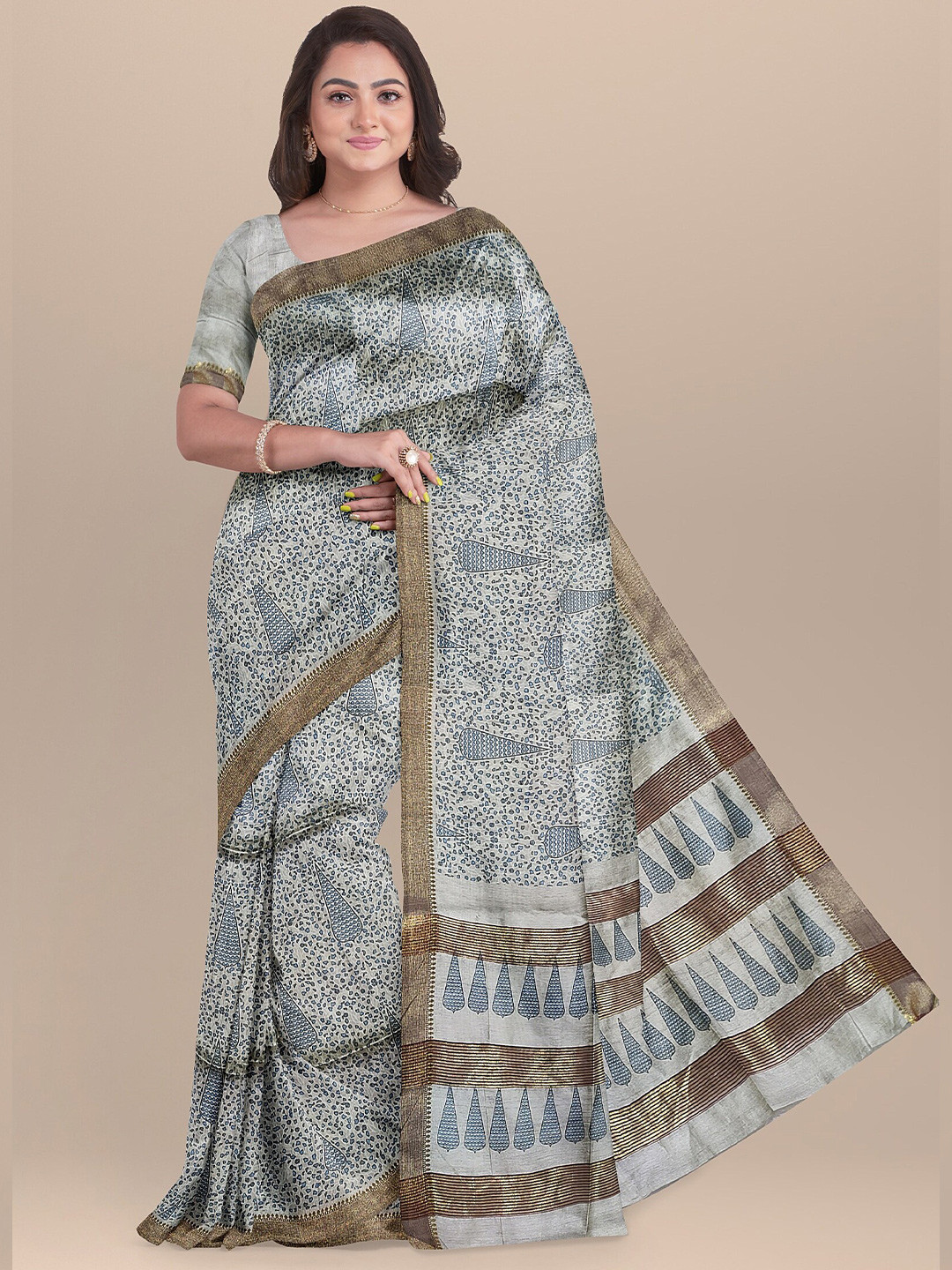 

The Chennai Silks Green & Brown Ethnic Motifs Zari Jute Cotton Saree