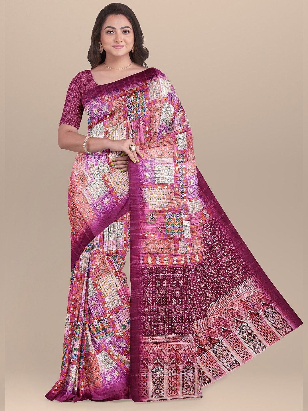 

The Chennai Silks Pink & Off White Ethnic Motifs Pure Cotton Fusion Chanderi Saree