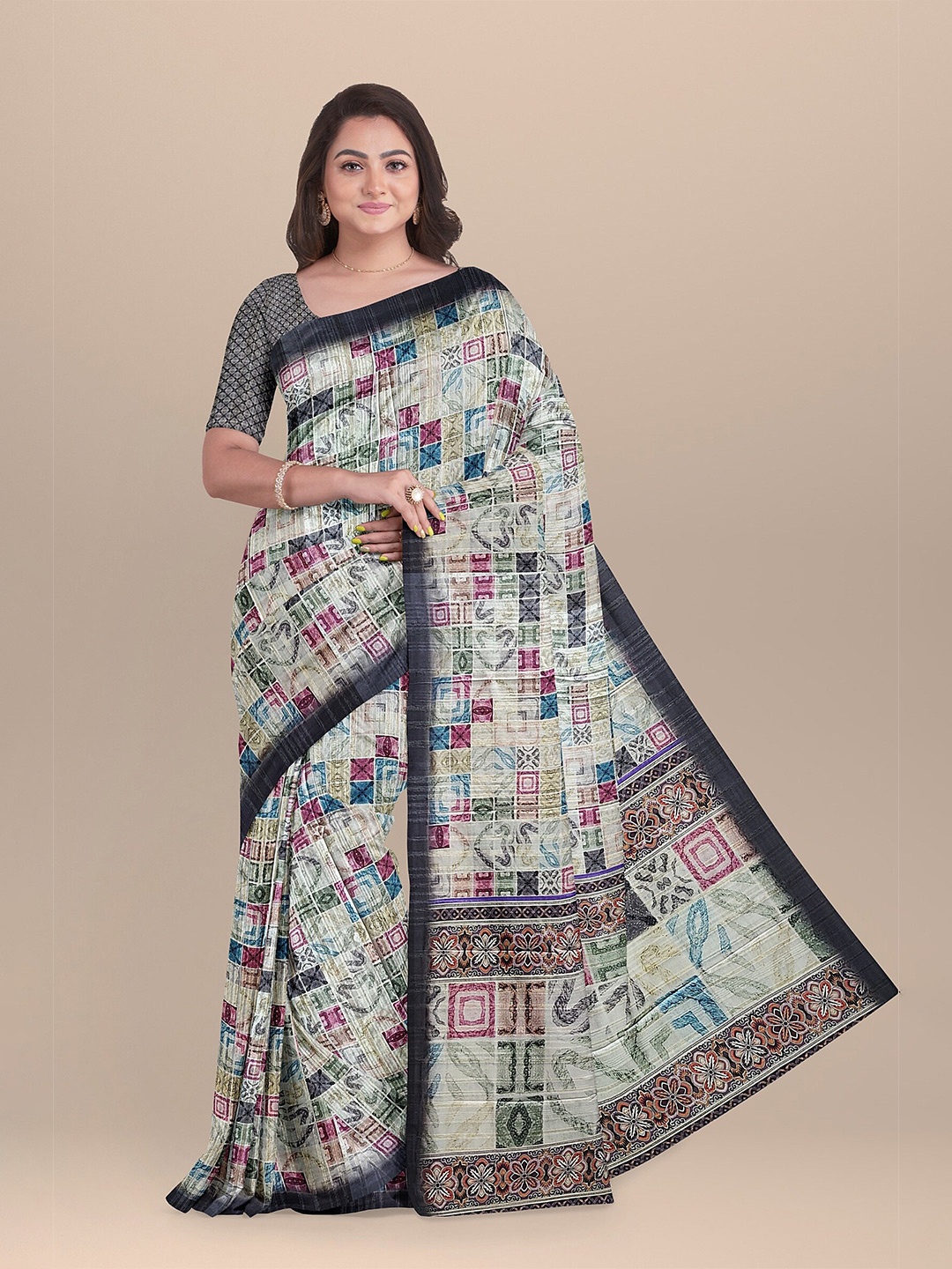 

The Chennai Silks Beige & Blue Pure Cotton Chanderi Saree