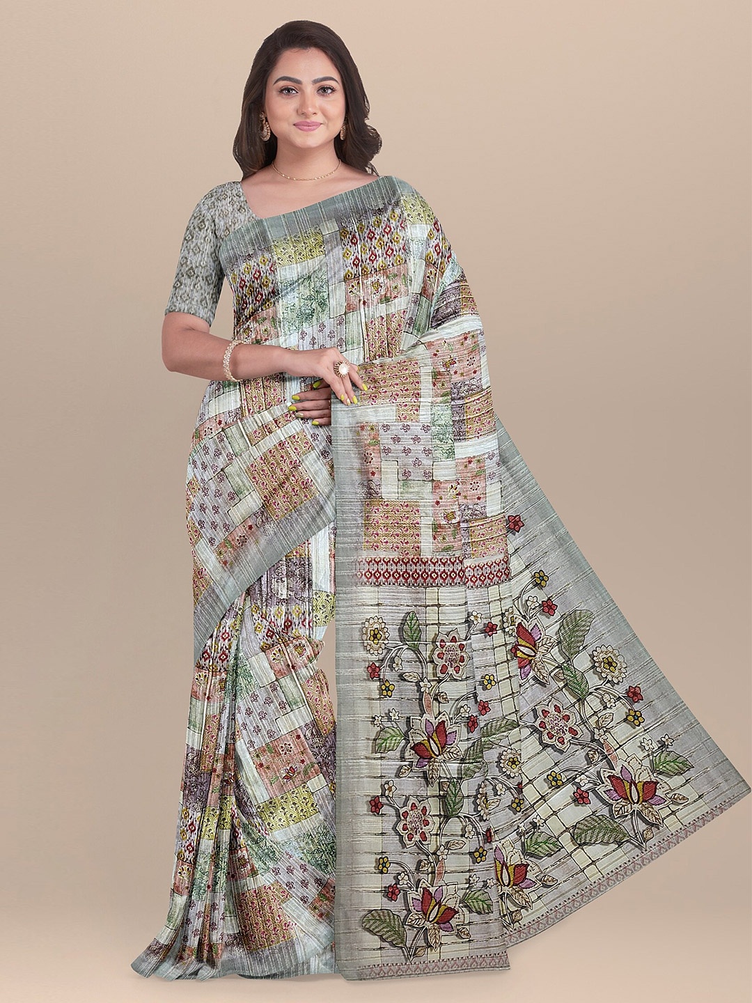 

The Chennai Silks Beige & Grey Floral Pure Cotton Fusion Chanderi Saree