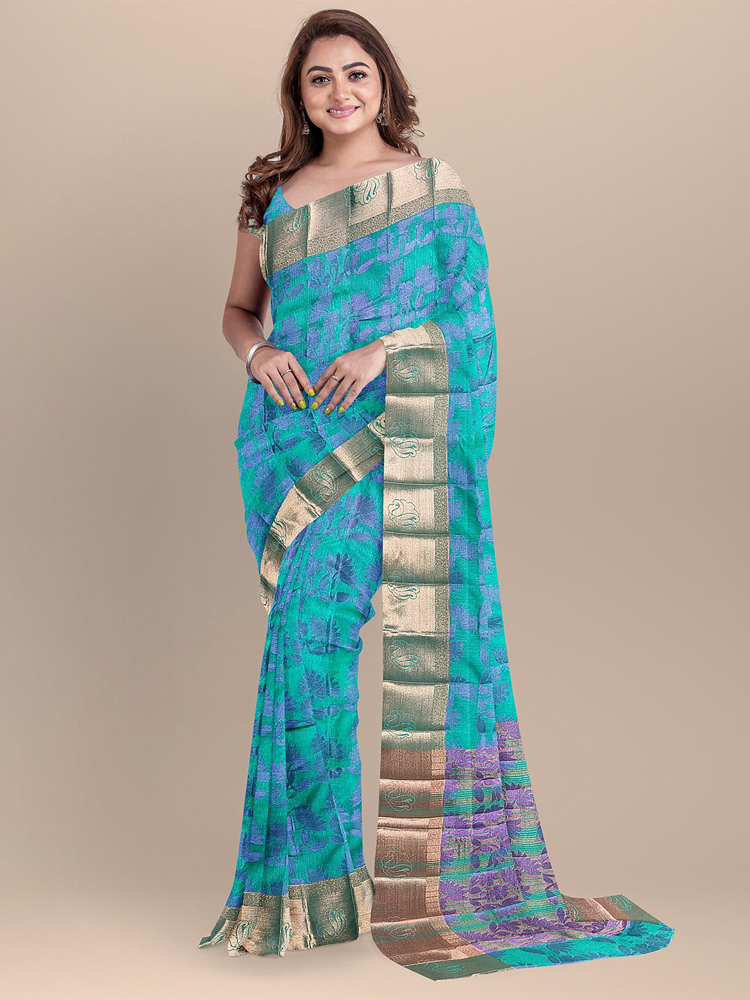 

The Chennai Silks Sea Green & Gold-Toned Ethnic Motifs Zari Jute Cotton Saree