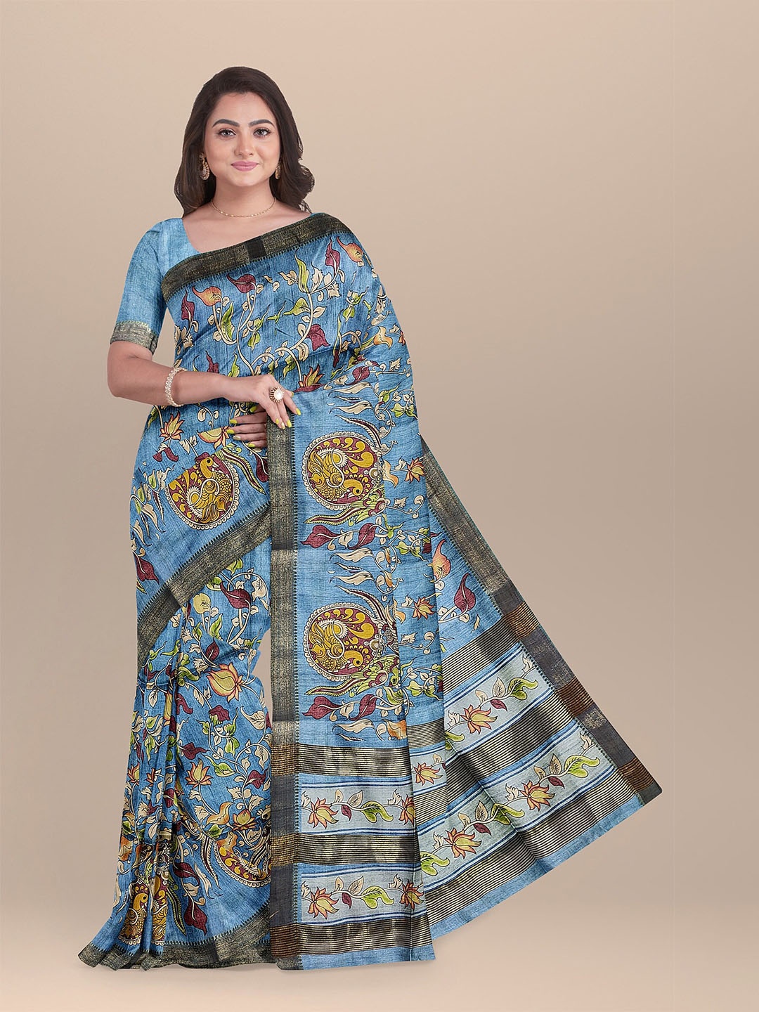 

The Chennai Silks Blue & Yellow Floral Zari Jute Cotton Saree