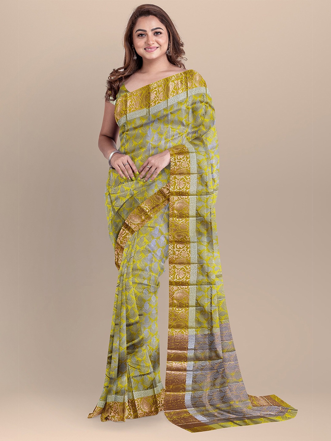 

The Chennai Silks Yellow & Gold-Toned Ethnic Motifs Zari Jute Cotton Saree