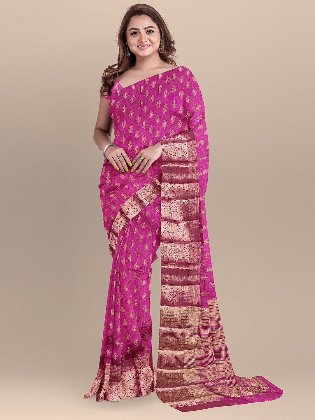 

The Chennai Silks Pink & Gold-Toned Ethnic Motifs Zari Jute Cotton Saree
