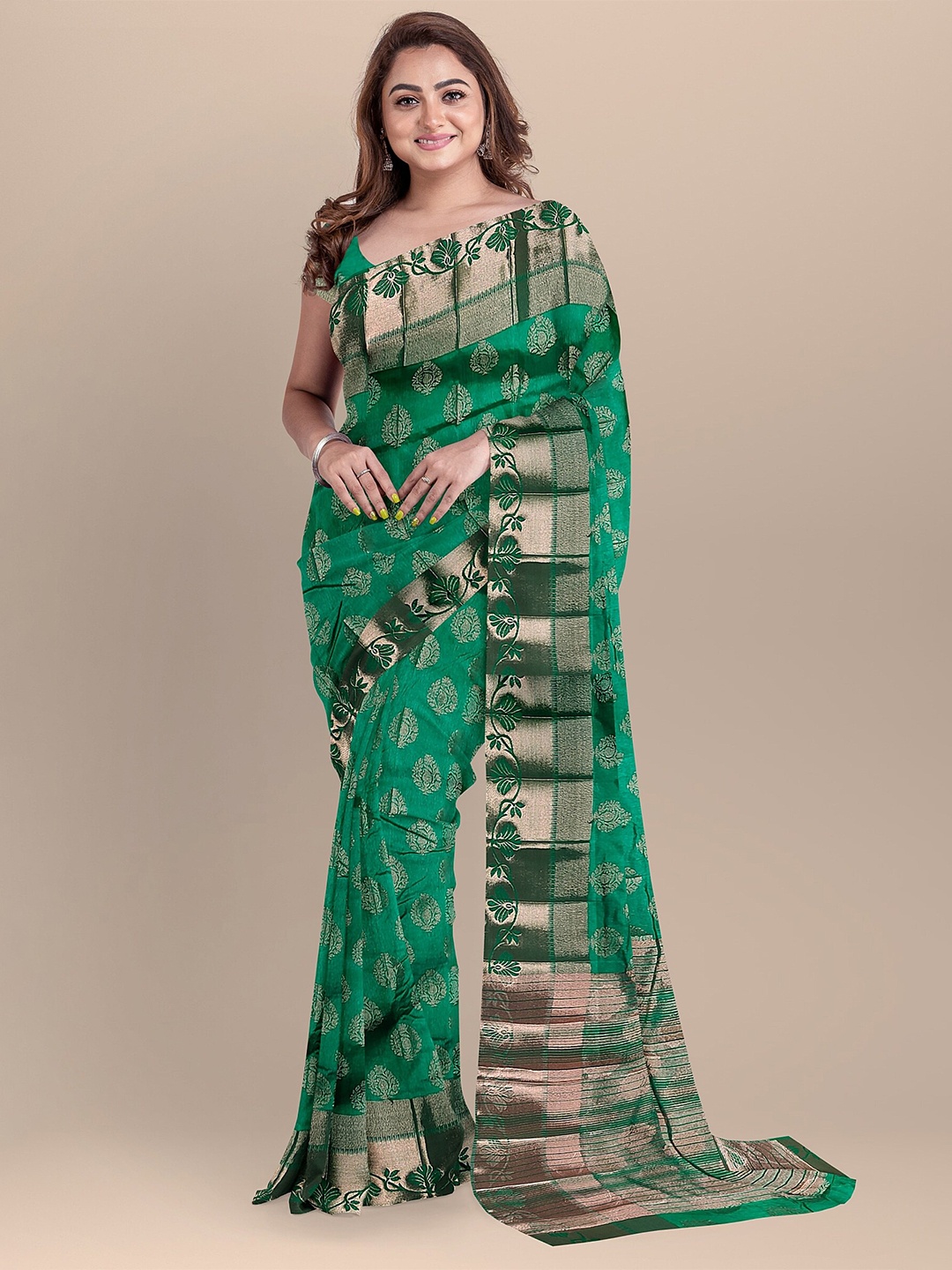 

The Chennai Silks Green & Gold-Toned Woven Design Zari Jute Cotton Fusion Saree