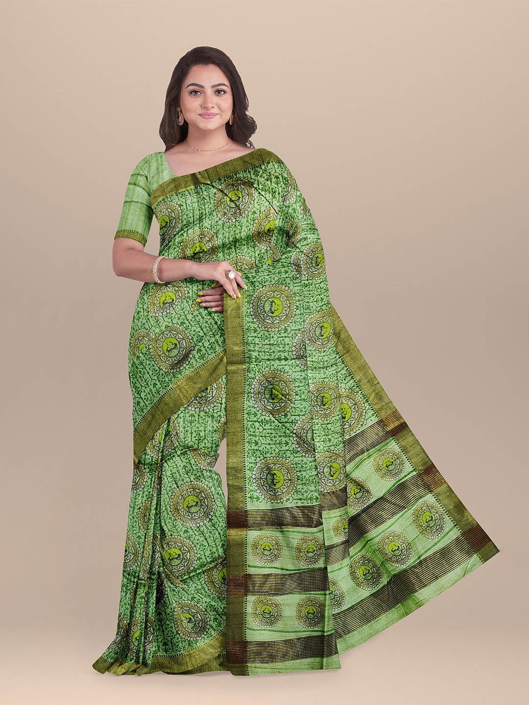 

The Chennai Silks Green & Gold-Toned Floral Zari Jute Cotton Saree