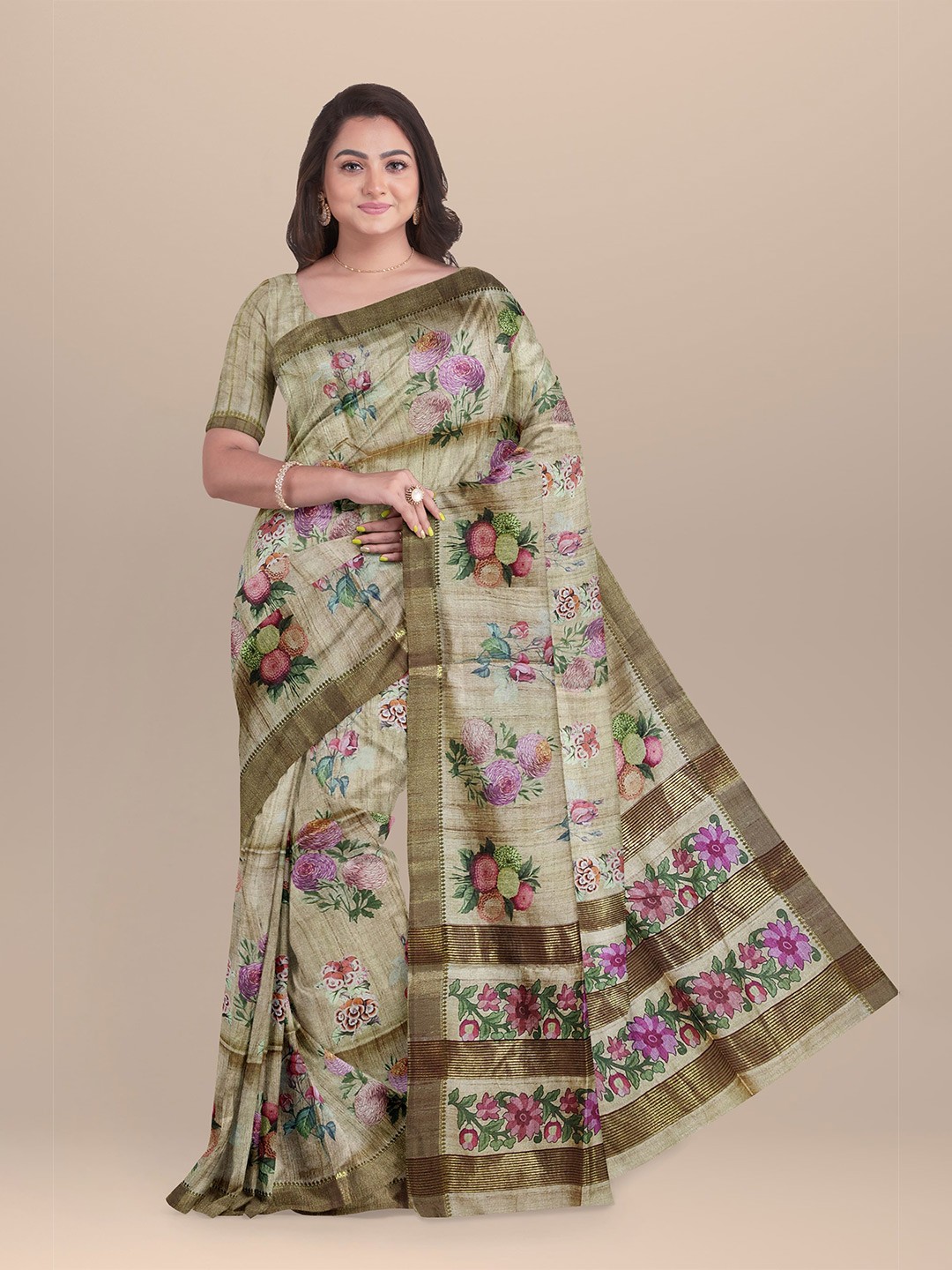 

The Chennai Silks Brown & Pink Floral Jute Cotton Saree