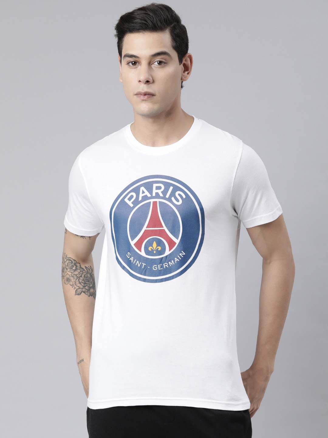 

PSG Men White & Blue Brand Logo Paris Saint-Germain Printed T-shirt