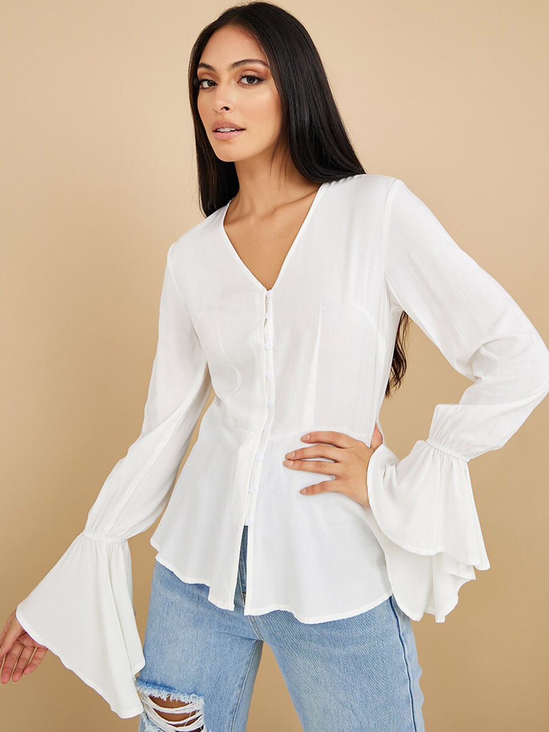 

Styli Bell Sleeves Button Detail Slim Fit Blouse, White