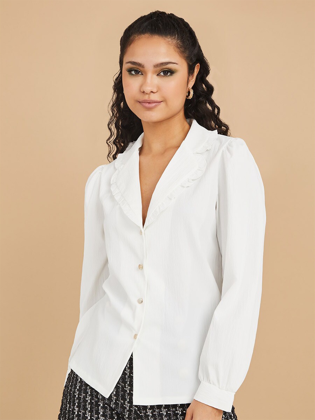

Styli Women Long Sleeves Frill Collar Detail Crinkle Crepe Blouse, White