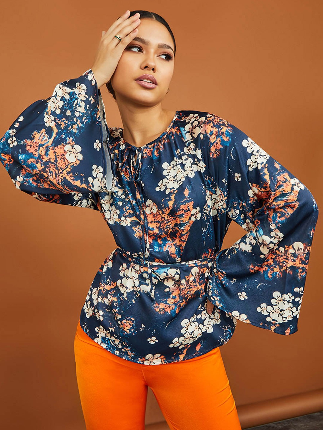 

Styli Floral Print Tie-Up Neck Long Sleeves Top, Blue