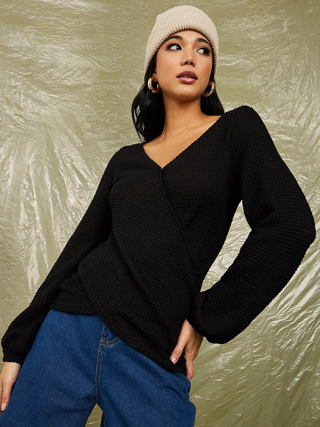 

Styli Women Black Long Volume Sleeves Wrap Front Knitted Top