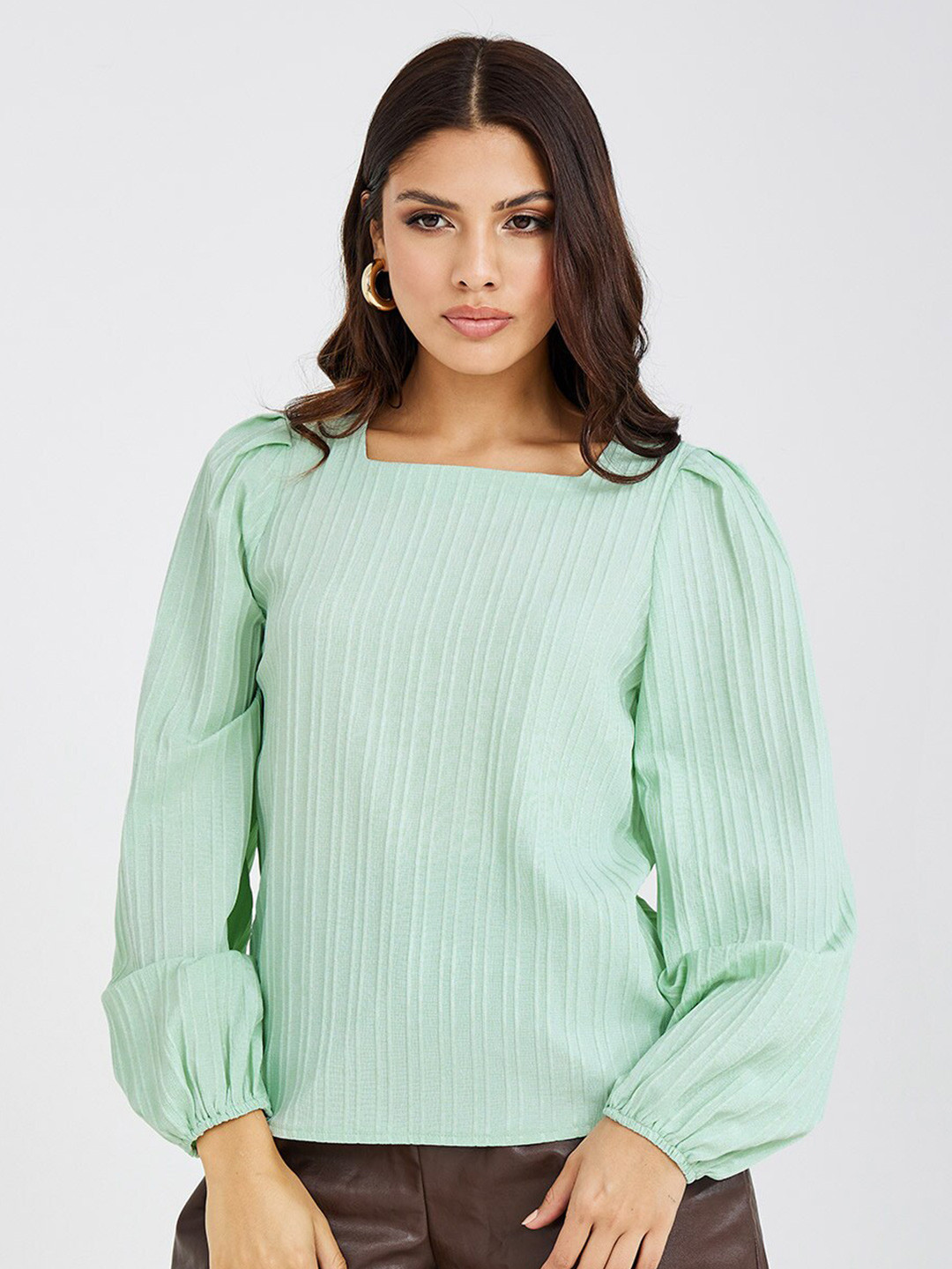 

Styli Striped Self Design Square Neck Puff Sleeves Boxy Fit Regular Top, Green