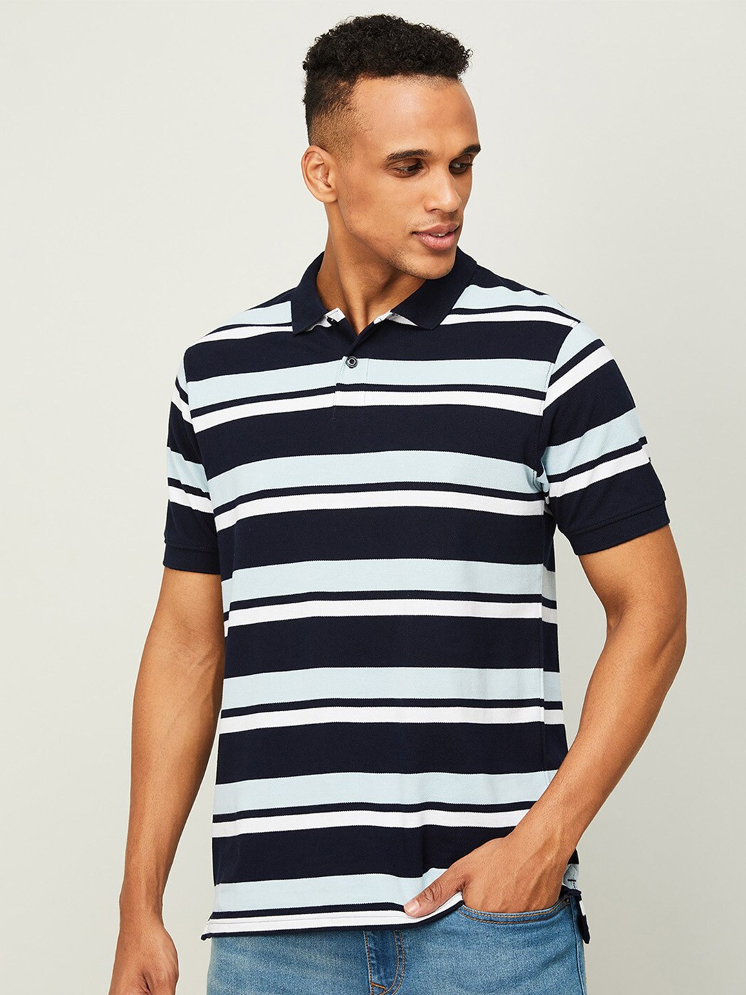 

Fame Forever by Lifestyle Men Navy Blue Striped Polo Collar Cotton T-shirt