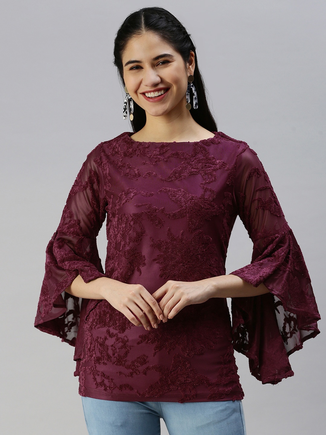

Emmyrobe Women Burgundy Self-Design Regular Top