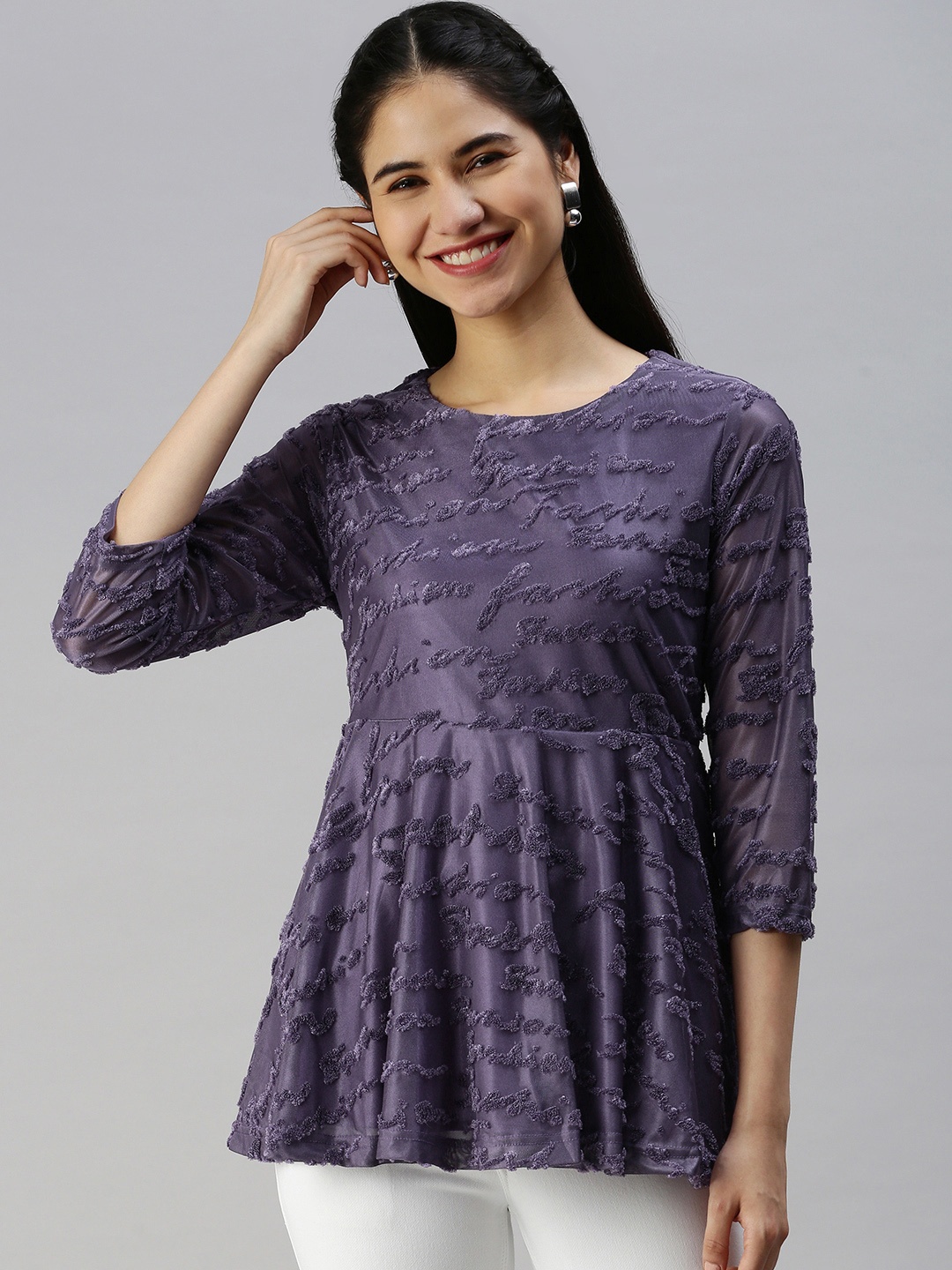 

Emmyrobe Women Purple Self-Design Typography A-Line Top