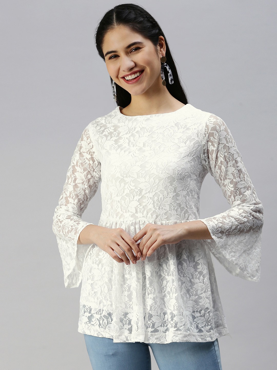 

Emmyrobe Women White Floral A-Line Top