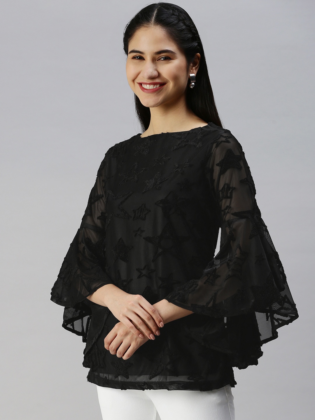 

Emmyrobe Women Black Self-Design Embellished Top