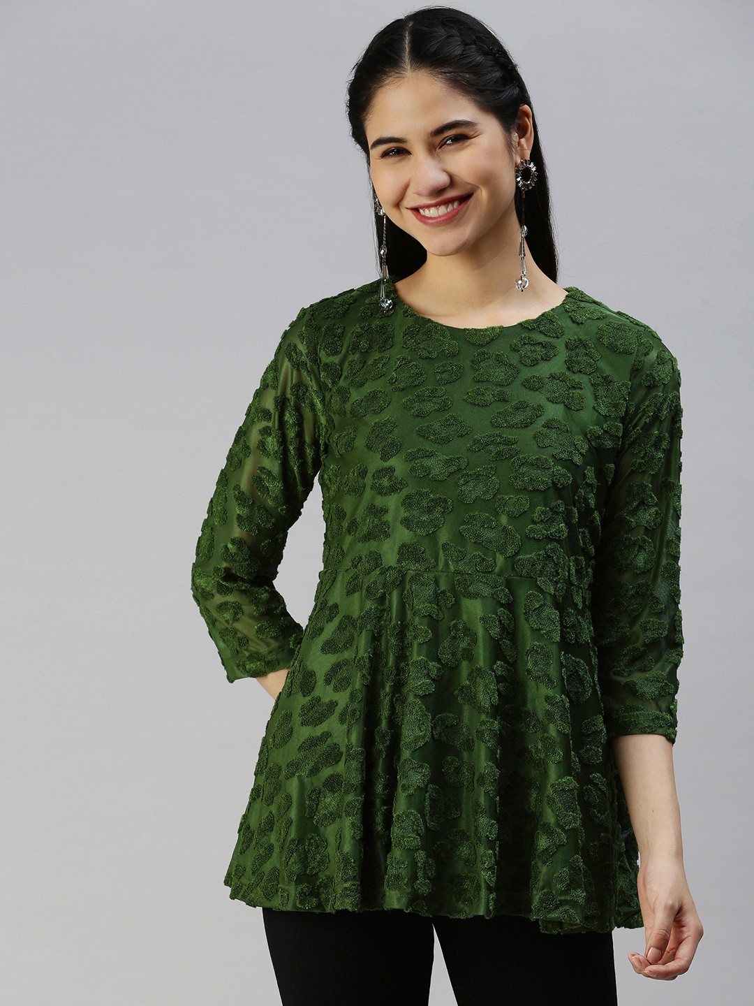 

Emmyrobe Women Olive Green Self-Design A-Line Top