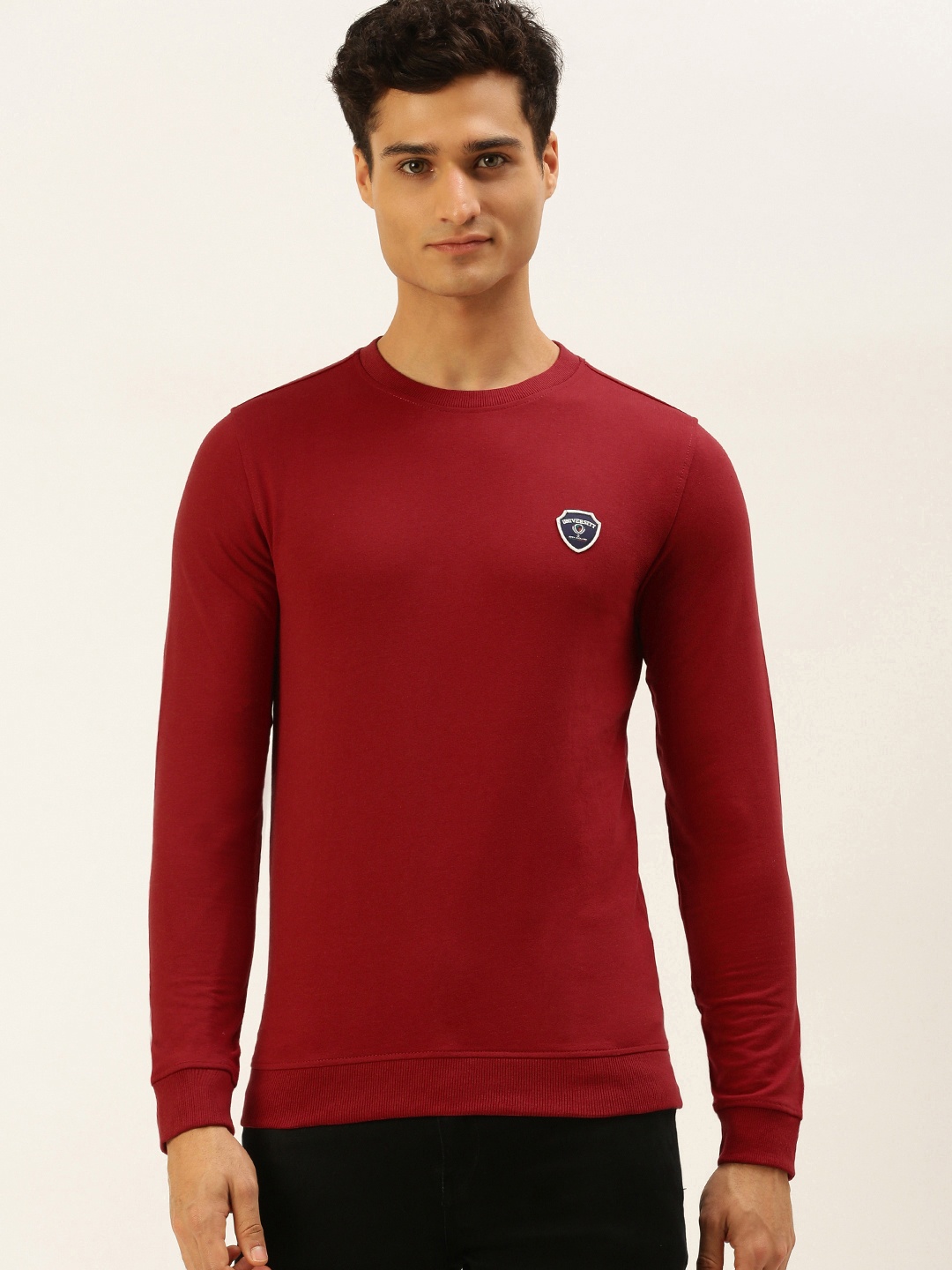 

PETER ENGLAND UNIVERSITY Men Maroon Solid Brand Logo Applique Slim Fit Sweatshirt