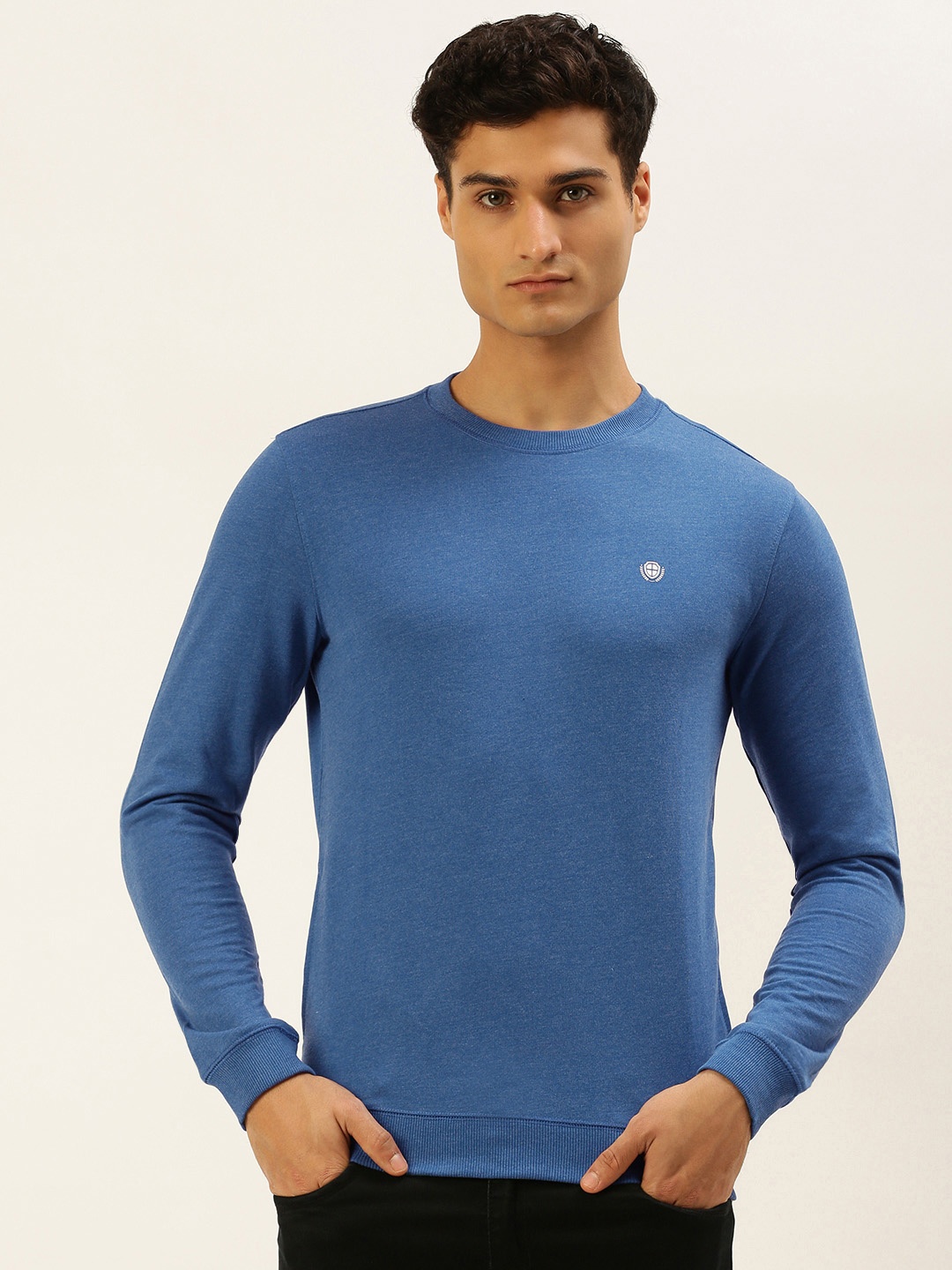

PETER ENGLAND UNIVERSITY Men Blue Solid Brand Logo Applique Slim Fit Sweatshirt